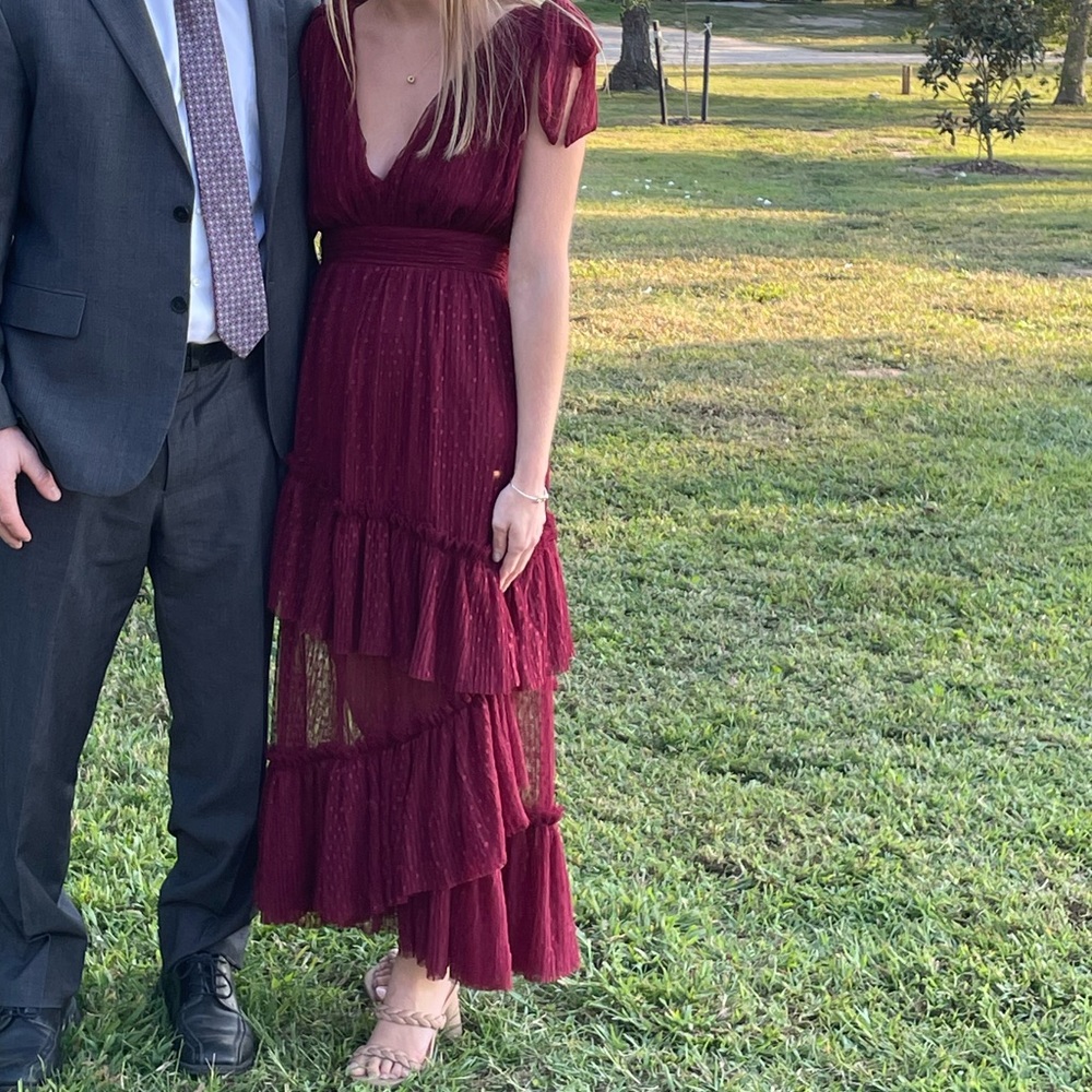 Vici Burgundy Tiered Midi Dress with Tie Straps